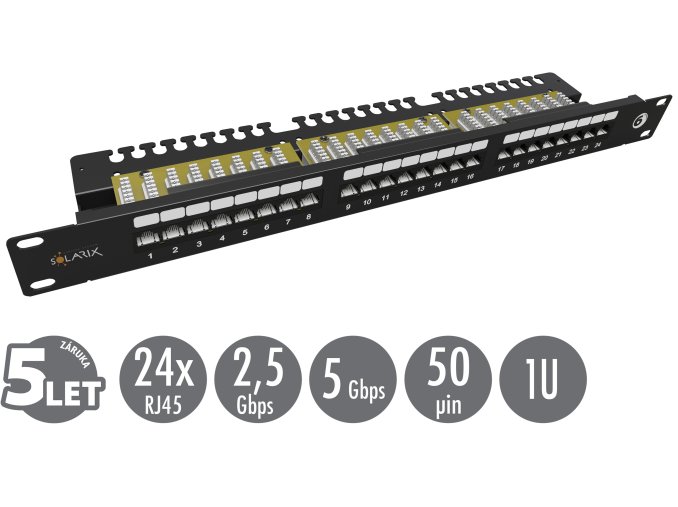 19" patch panel Solarix 24 x RJ45 CAT6 UTP s vyvazovací lištou 1U SX24L-6-UTP-BK-N