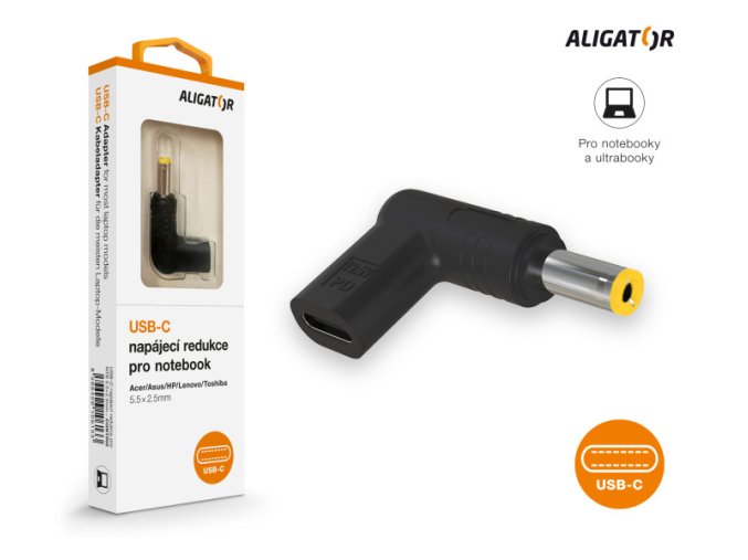 Aligator USB-C napájecí redukce 5,5x2,5 mm pro notebooky Acer/Asus/HP/Lenovo/Toshiba
