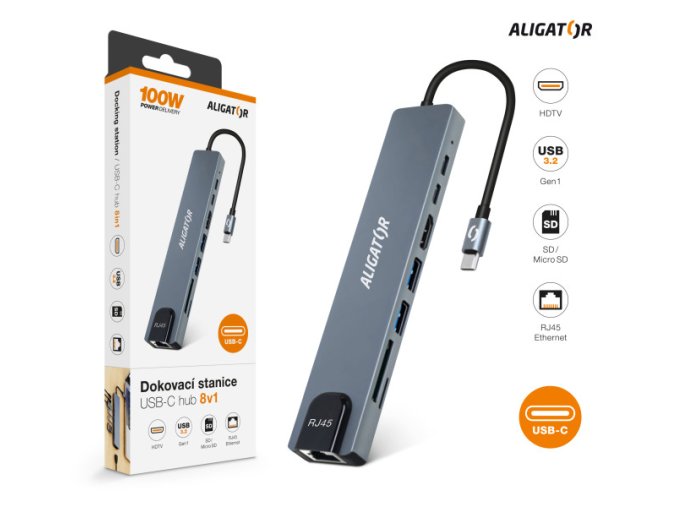 Aligator Dokovací stanice USB-C / Hub 8v1 (USB-C / 2xUSB / SD / MicroSD/ HDTV / RJ45)