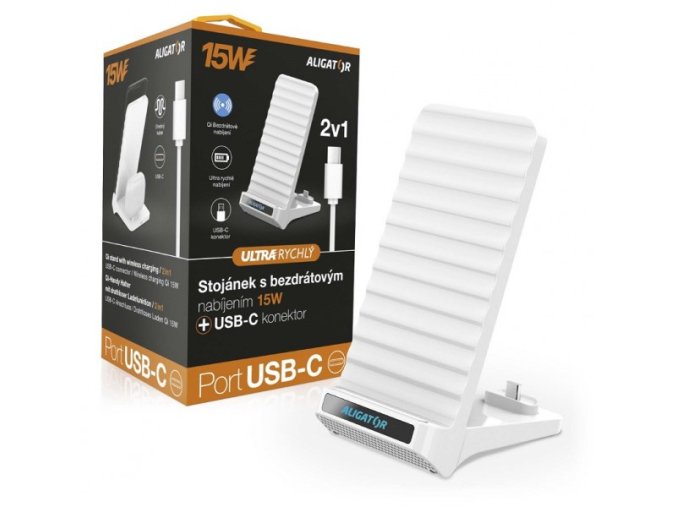 ALIGATOR Stojánek s bezdrátovým nabíjením 15W a USB-C konektorem, 2v1, bílý