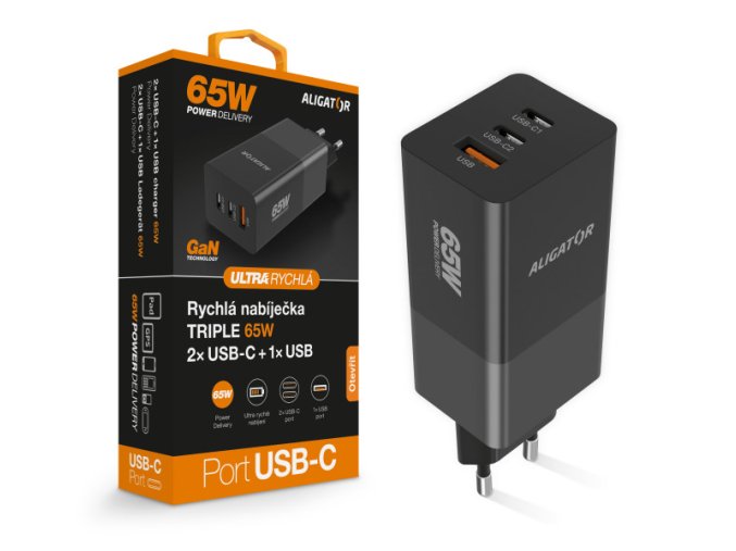 Aligator nabíječka PD65W, 2USB-C, 1xUSB-A, černá