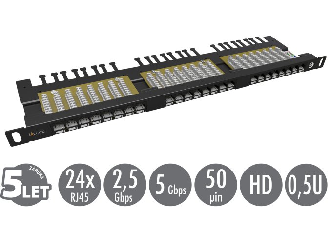 19" patch panel Solarix 24xRJ45 CAT6 UTP s vyvazovací lištou černý 0,5U SX24HD-6-UTP-BK