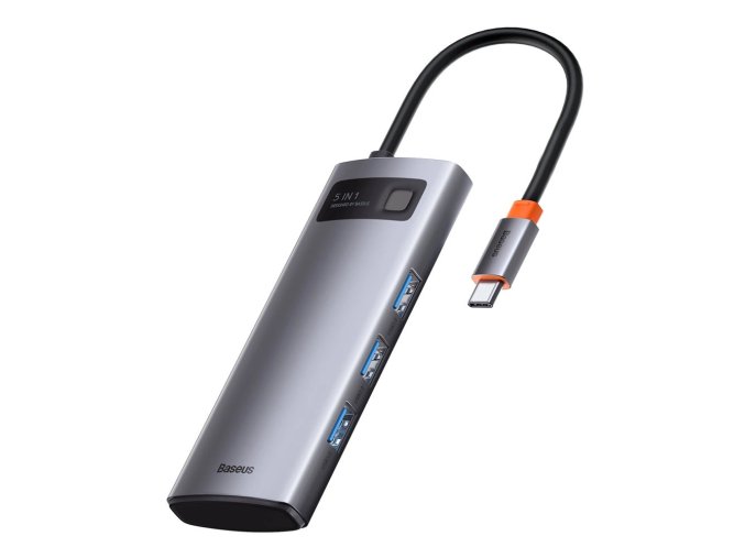 Baseus USB Hub Metal Gleam Series 5v1 (USB-C PD 100W, 3x USB 3.0, HDMI) šedý