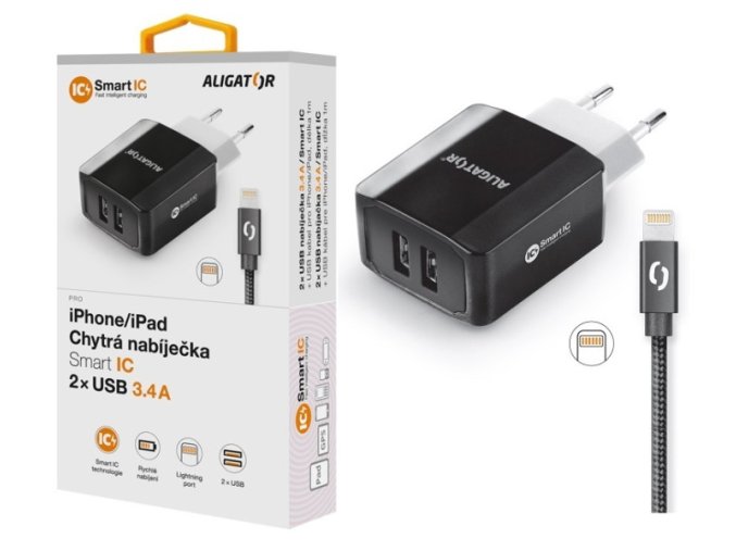 Chytrá síťová nabíječka ALIGATOR 3.4A, 2xUSB, smart IC, černá, kabel pro iPhone/iPad 2A
