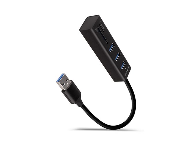 AXAGON HMA-CR3A, USB 3.2 Gen 1 hub, porty 3x USB-A + čtečka karet SD/microSD, kovový, kabel USB-A 20