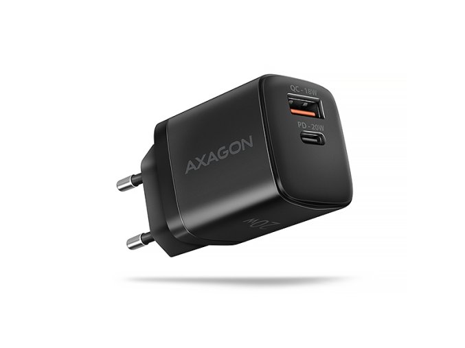 AXAGON ACU-PQ20, nabíječka do sítě 20W, 2x port (USB-A + USB-C), PD3.0/PPS/QC4+/AFC/Apple, černá