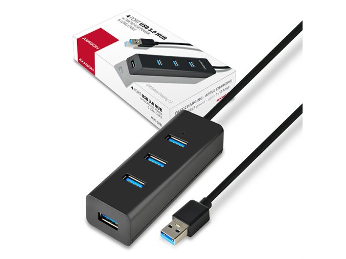 AXAGON HUE-S2BL, 4x USB 3.0 CHARGING hub, micro USB nap. konektor, kabel USB-A 1.2m