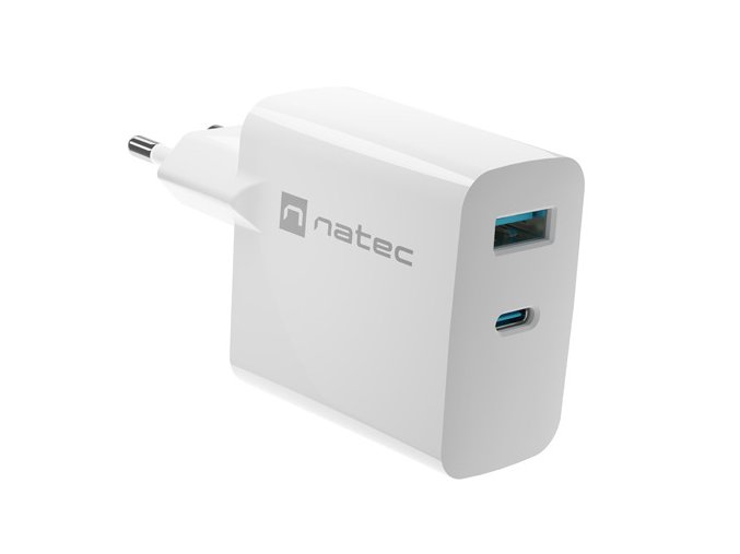 Univerzální USB nabíječka Natec RIBERA GaN 1X USB-A + 1X USB-C 65W, Bílá