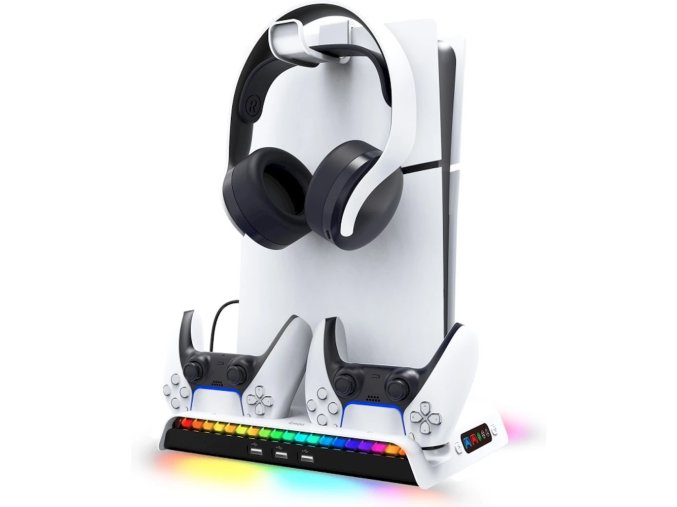 iPega P5S006 Multifunkční Nabíjecí RGB Stojan s Chlazením pro  PS5 Slim White