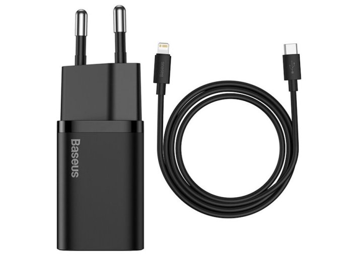 Baseus rychlonabíječka do sítě Super Si USB-C PD QC 20W černá s kabelem USB-C/Lightning 1m