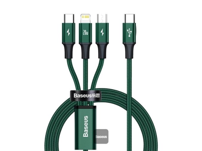 Baseus datový kabel Rapid 3v1 USB-C/microUSB, Lightning, USB-C 1,5m PD 20W zelený