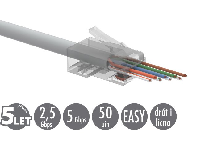 Univerzální EASY konektor RJ45 CAT6 UTP 8p8c na drát i licnu SXRJ45-6-UTP-EASY 100ks
