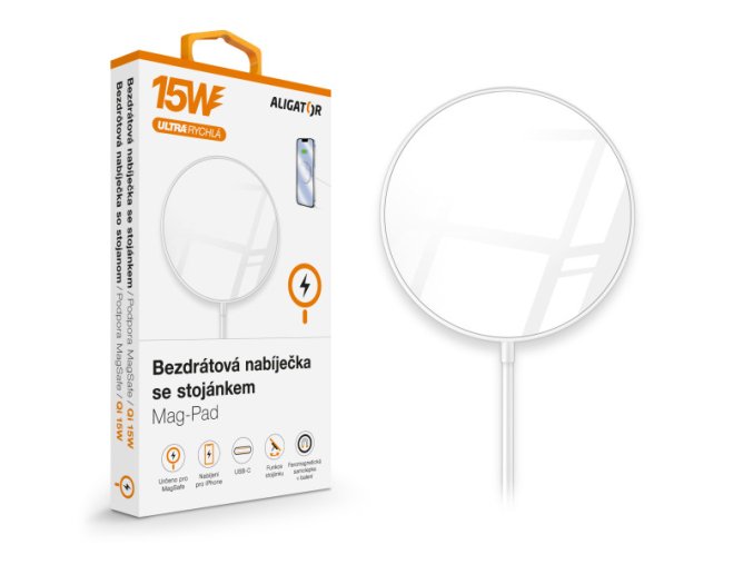 ALIGATOR bezdrátová nabíječka ALIGATOR Mag-Pad, určeno pro MagSafe, 15W, bílá
