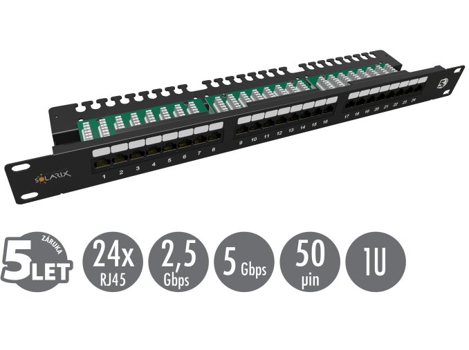 19" patch panel Solarix 24 x RJ45 CAT5E UTP s vyvazovací lištou 1U SX24L-5E-UTP-BK-N