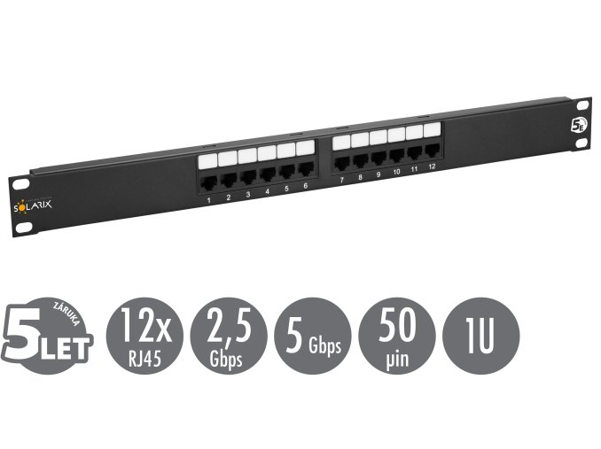 19" patch panel Solarix 12 x RJ45 CAT5E UTP 150 MHz černý 1U SX12-5E-UTP-BK