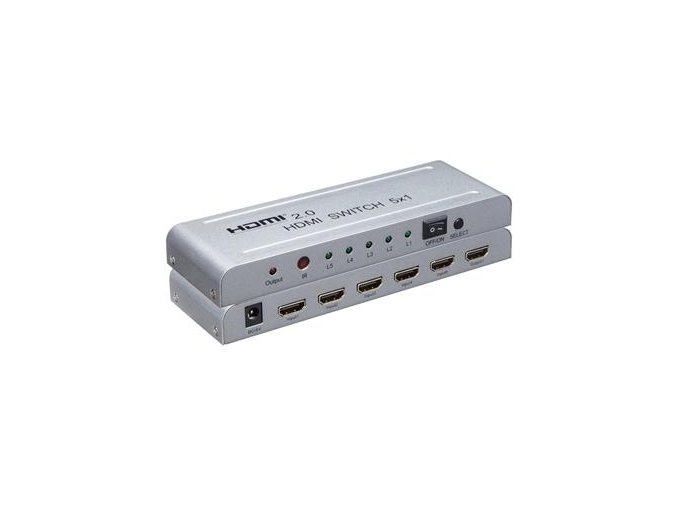 PremiumCord 4Kx2K@60Hz HDMI switch 5:1 kovový s dálkovým ovladačem a napájecím adaptérem