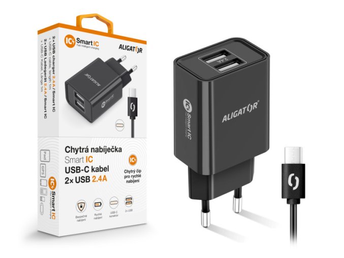 Chytrá síťová nabíječka ALIGATOR 2,4A, 2xUSB, smart IC, černá, USB-C kabel