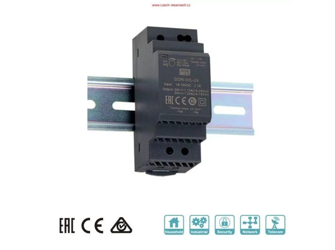 MEANWELL - DDR-30G-12 Měnič DC/DC na DIN lištu