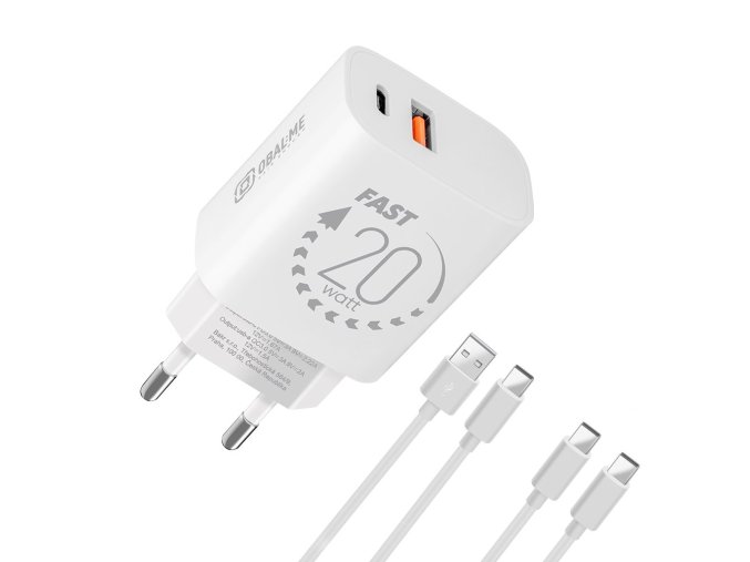 OBAL:ME Cestovní Nabíječka USB-A + USB-C 20W + 2x kabel 1m White