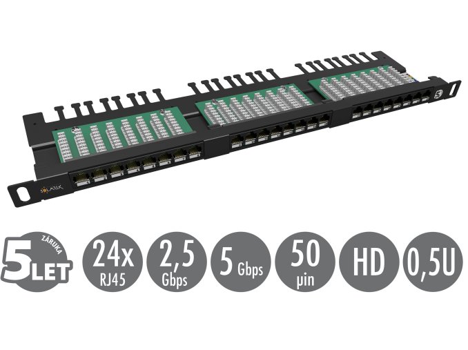 19" patch panel Solarix 24xRJ45 CAT5E UTP s vyvazovací lištou černý 0,5U SX24HD-5E-UTP-BK