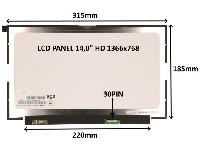 LCD PANEL 14,0" HD 1366x768 30PIN MATNÝ / BEZ ÚCHYTŮ