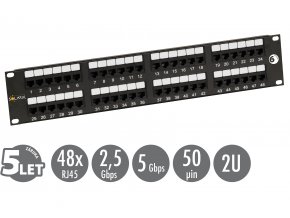 19" patch panel Solarix 48 x RJ45 CAT6 UTP 350 MHz černý 2U SX48-6-UTP-BK