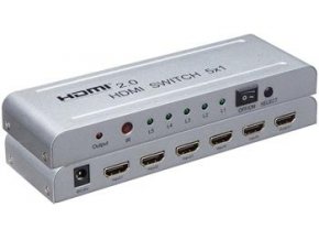 PremiumCord 4Kx2K@60Hz HDMI switch 5:1 kovový s dálkovým ovladačem a napájecím adaptérem