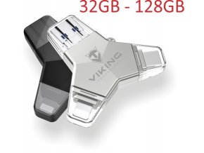 VIKING USB FLASH DISK 3.0 4v1 64GB, S KONCOVKOU APPLE LIGHTNING, USB-C, MICRO USB, USB3.0, černá