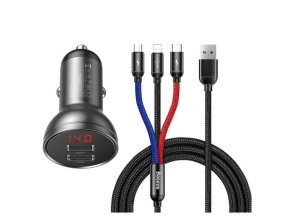 Baseus rychlonabíječka do auta 2xUSB 4,8A 24W s displejem + 3v1 kabel černá