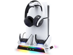 iPega P5S006 Multifunkční Nabíjecí RGB Stojan s Chlazením pro  PS5 Slim White