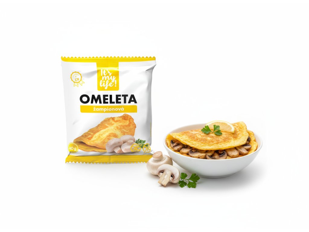 Product photography of subject 1 on a white background with a plate of mushroom omelette next to