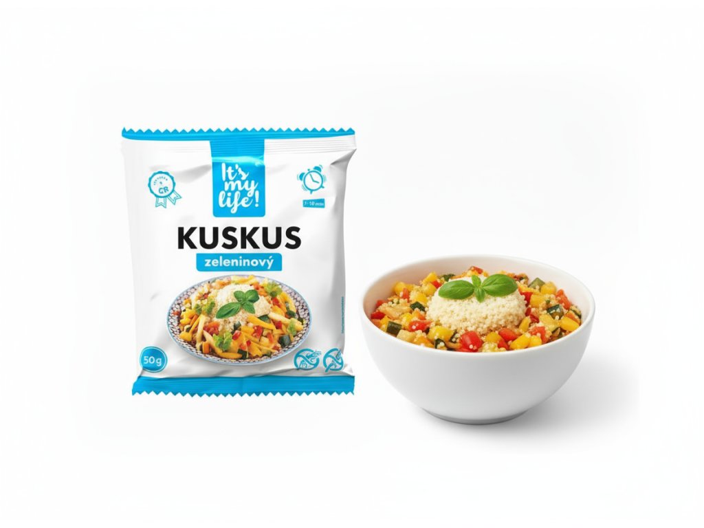 Product photography of subject 1 on a white background with a bowl of prepared vegetable couscous