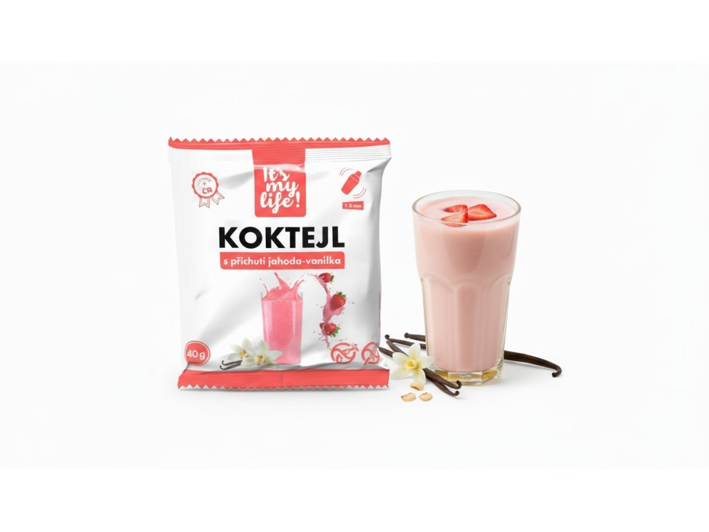 Create a product photo with the strawberry vanilla package and a strawberry vanilla cocktail in th