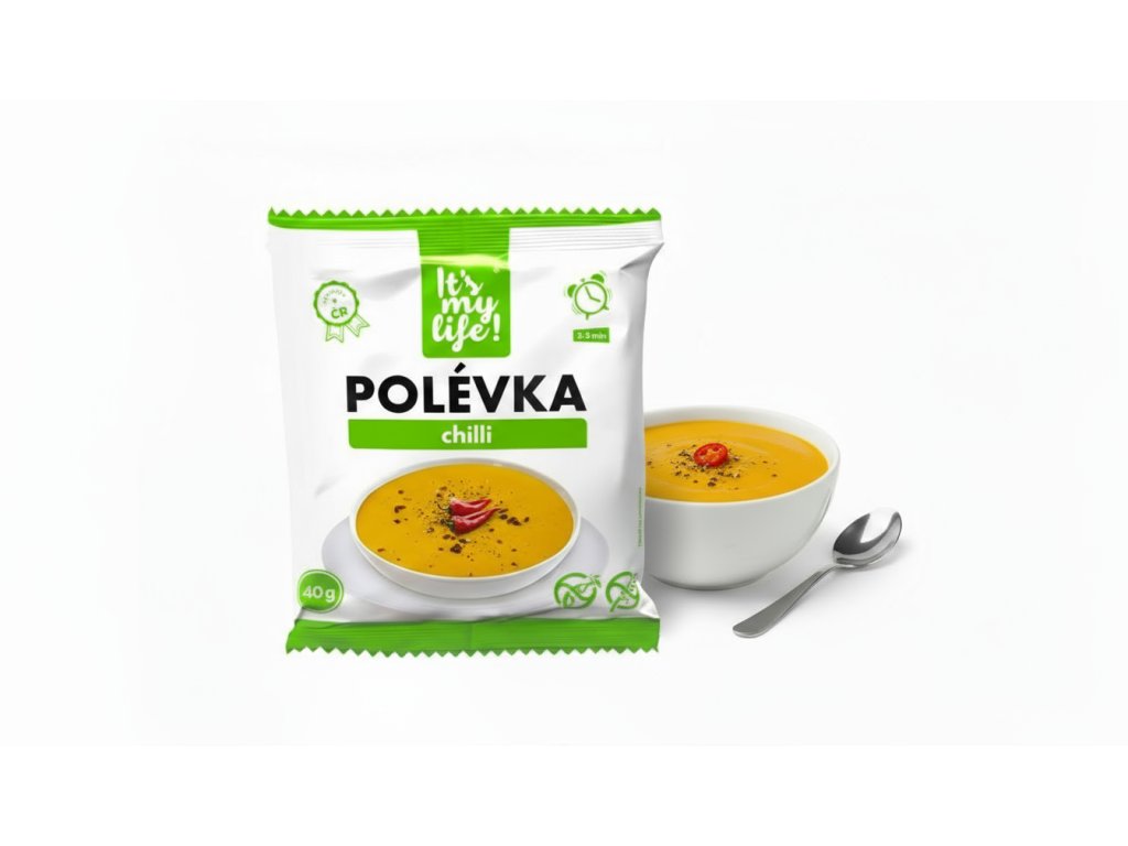 Create a product photo for chilli soup with the chilli soup package in the foreground and a bowl