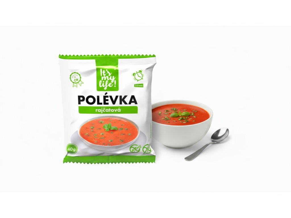 Create a product photo for tomato soup with the tomato soup package in the foreground and a bowl