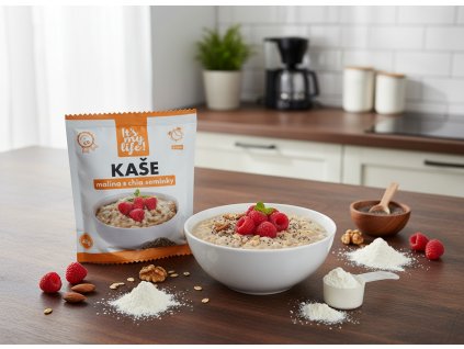 Create another nice image in a kitchen setting with the raspberry and chia seed porridge package fro