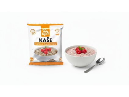 Create a product photo for raspberry chia porridge with the raspberry chia porridge package in the