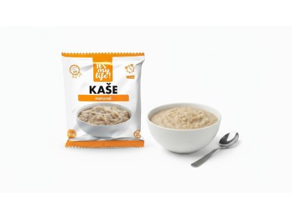 Create a product photo for natural porridge with the natural porridge package in the foreground a