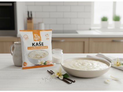Create a nice image in a kitchen setting with the vanilla porridge package from subject 1 prominen (1)