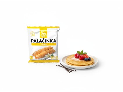 Product photography of subject 1 on a white background with a single sweet vanilla pancake laid f