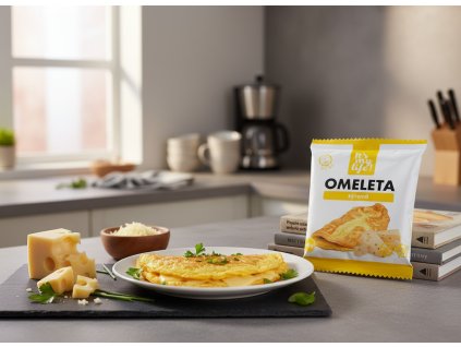 Create another nice image in a kitchen setting with the cheese omelette package from subject 1 pro