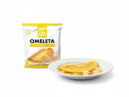 Product photography of subject 1 on a white background with a plate of cheese omelette next to it