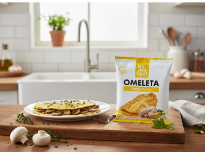 Create another nice image in a kitchen setting with the mushroom omelette package from subject 1 p