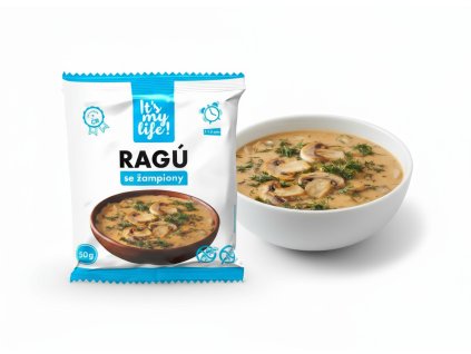 Product photography of subject 1 on a white background with a smaller white bowl of prepared rago