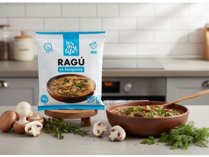 Create a nice image in a kitchen setting with the mushroom ragout package from subject 1 prominent