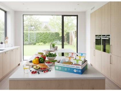 Integrate the protein diet box with sachets from subject 1 into a modern and inviting kitchen sett