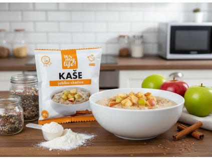 Create another nice image in a kitchen setting with the apple and cinnamon porridge package from su