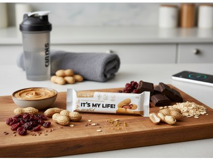 Create a nice image in a fitness or healthy snack setting with the peanut protein bar package from
