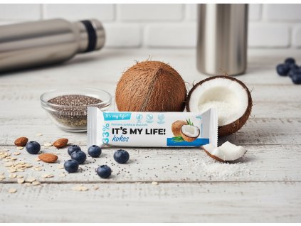 Create another nice image in a fitness or healthy snack setting with the coconut protein bar package