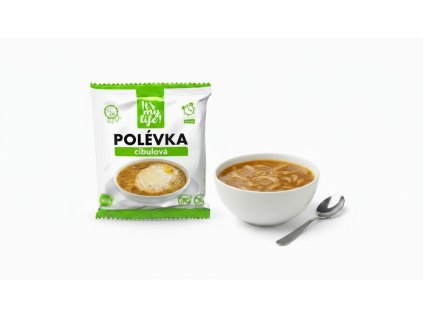 Create a product photo for onion soup with the onion soup package in the foreground and a bowl of